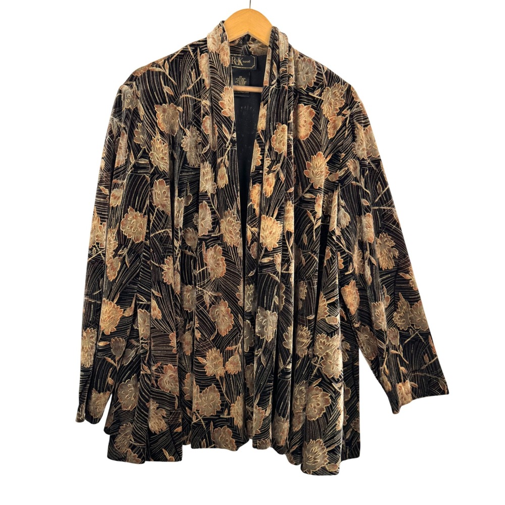RK Evening 2X Black‎ gold  Floral Velvet Open Front Jacket Cardigan boho
